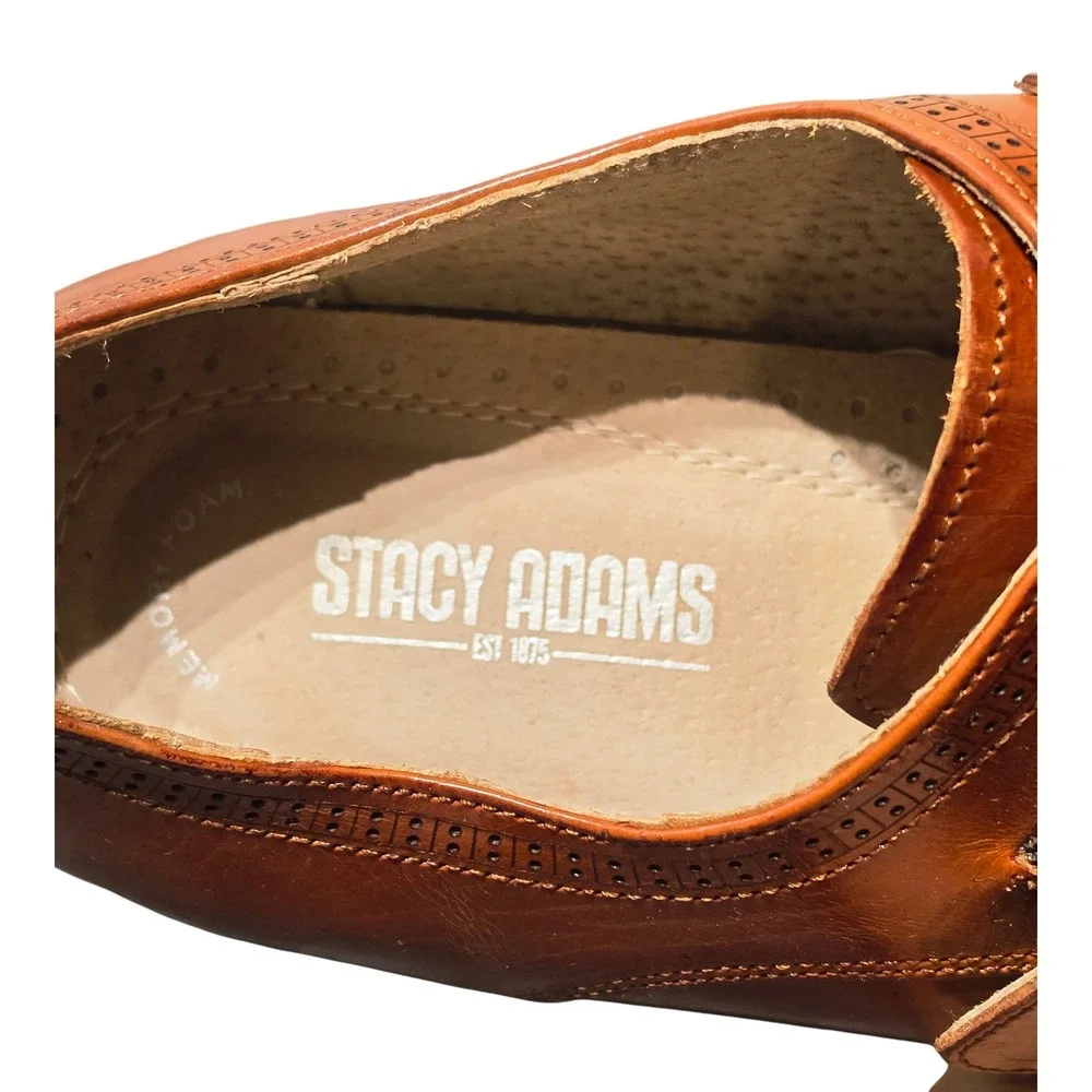 Stacy Adams Mens Cognac Leather Monk Strap Brogue Dress Shoes 25584-213‎ 9.5M